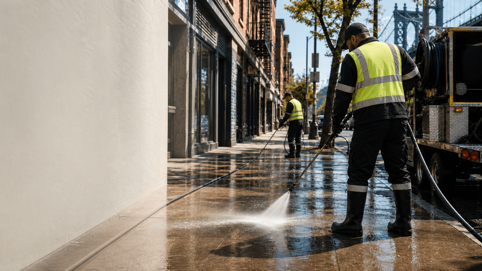 Temporary concept photo of a crew power washing a Brooklyn commercial sidewalk